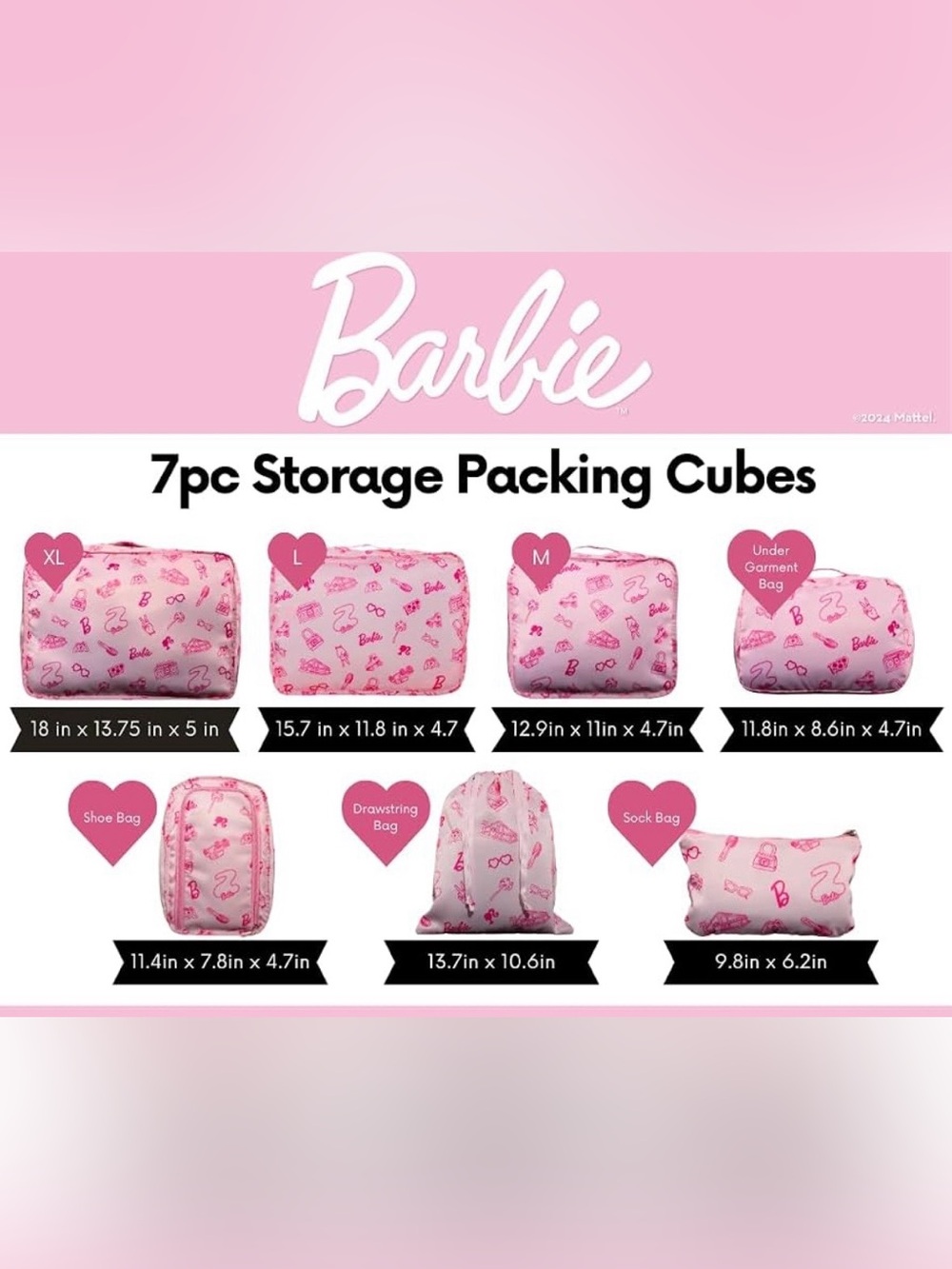 Barbie Pink 7-Piece Packing Cube & Drawstring Bag Set